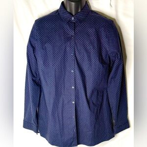 Eddie Bauer Navy Polka Dots Wrinkle Free Shaped Fit Button Up Shirt Size L